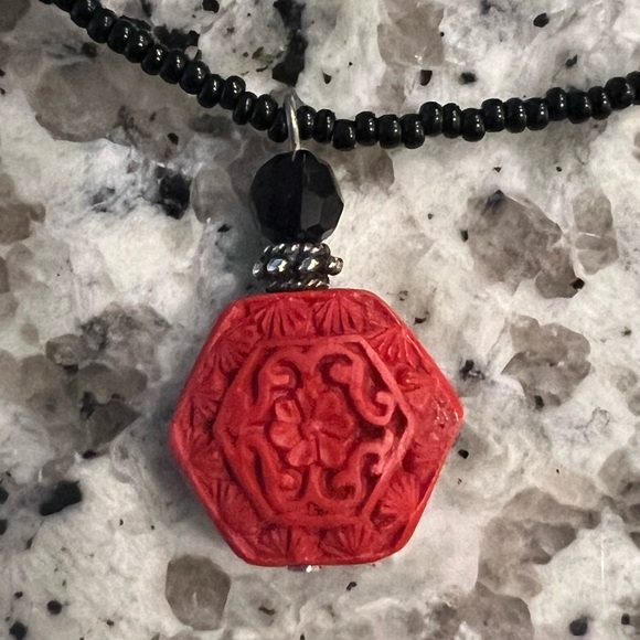 Red Cinnabar Pendant Black beaded Necklace - Picture 5 of 6